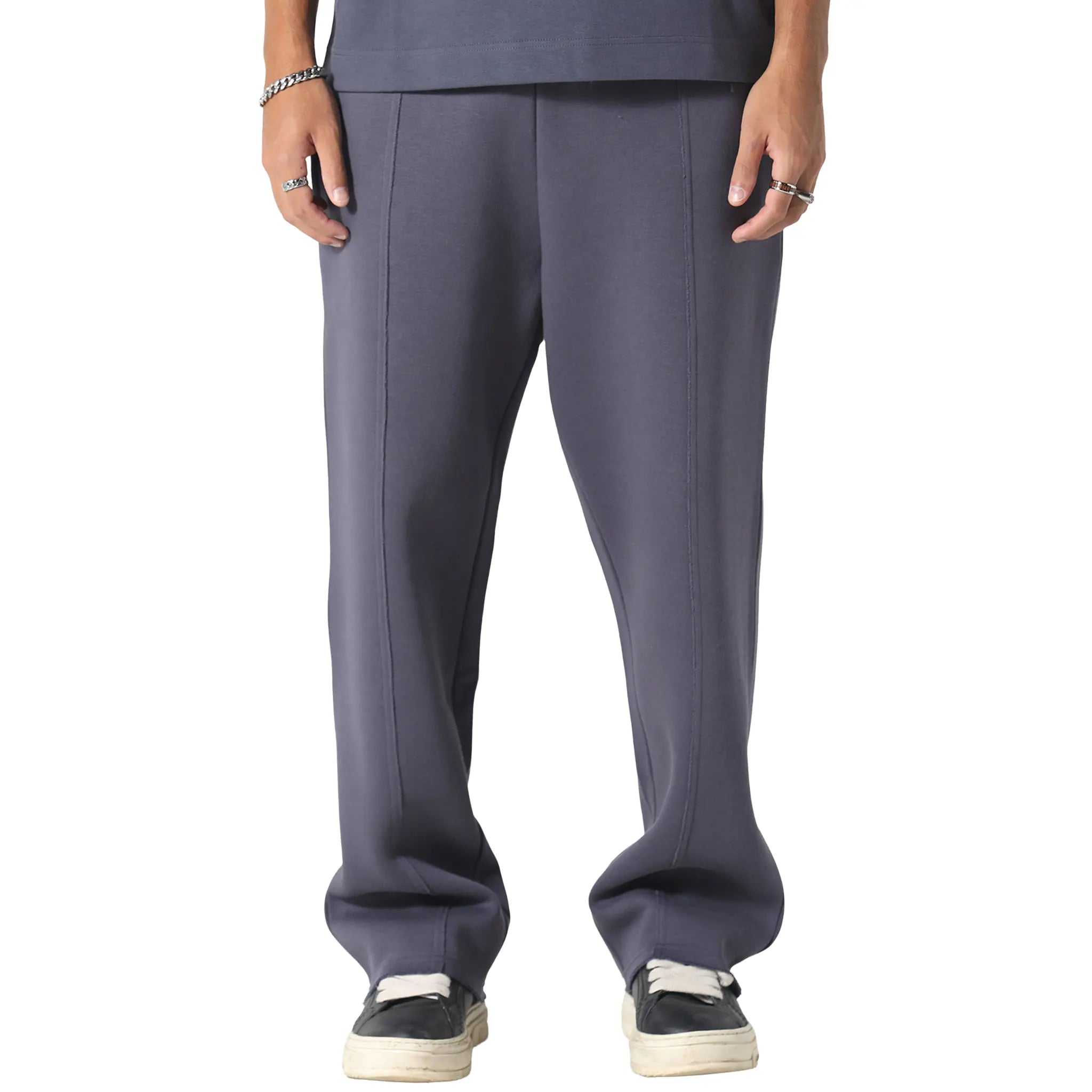 Front View of Irasuto Studios Open Hem Deep Blue Sweatpants